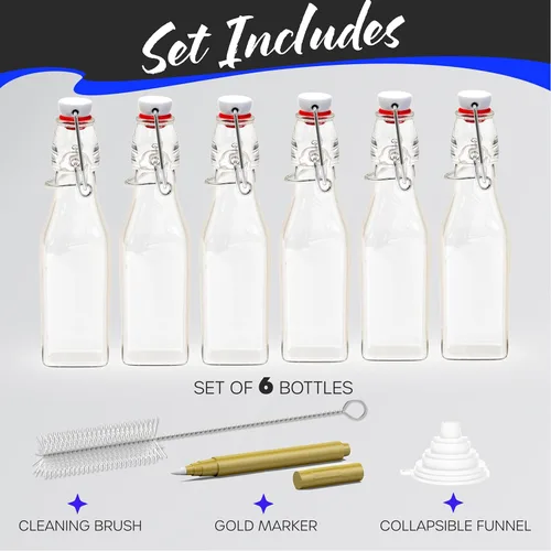 Miniatura 8 de Nevlers Botellas de vidrio cuadradas de 8.5 onzas con tapones, botella de vidrio abatible con tapa, paquete de 6 unidades, juego de botellas