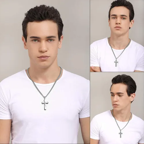 Miniatura 6 de WW Lifetime - Collar de cruz para hombres y niños, collar con colgante de cruz doble de acero inoxidable con cadena de eslabones cubanos de 24