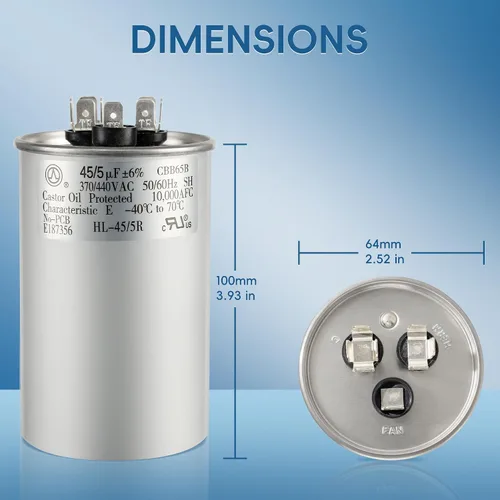 Miniatura 5 de Condensador de CA 45+5 uF 45/5 MFD ±6% 370V/440VAC CBB65 Condensador de arranque circular de doble funcionamiento para bomba de calor, aire