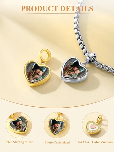 Miniatura 46 de Custom4U Photo Charms for Bracelets 925 Sterling Silver/Gold Plated Heart/Tree of Life/Round Charm Bead Personalized with Picture Custom