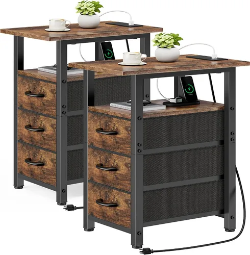 Miniatura 21 de Vagusicc Mesita de noche negra con estación de carga y luces LED, mesa auxiliar estrecha, mesita de noche LED con 3 cajones de tela para dormitorio