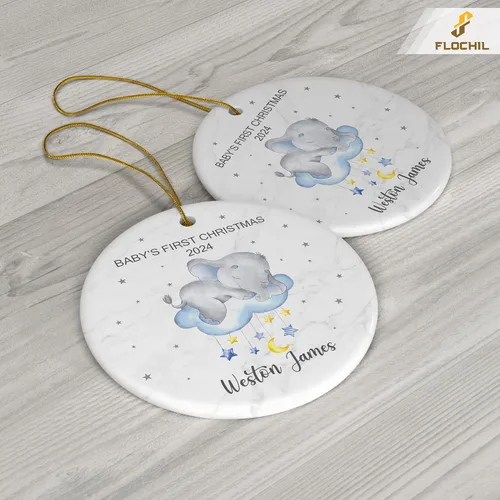 Miniatura 2 de FLOCHIL Adorno Personalizado de Primera Navidad del Bebé 2024 Niño, Adorno Colgante de Elefante de Porcelana Elefante 2