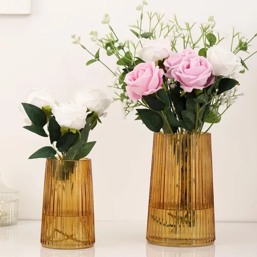 Miniatura 20 de Jarrón de vidrio ámbar para flores, florero para ramo, jarrones de vidrio modernos, jarrones acanalados para sala de estar, dormitorio, mesa