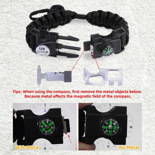 Miniatura 7 de Pulsera de cuerda de paracaídas de supervivencia ajustable, paquete de 2 kits de inicio de fuego de emergencia con silbato fuerte, brújula, luz