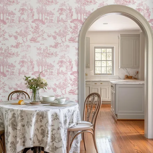 Miniatura 5 de WENMER Papel Tapiz Toile, 17.7" X 118" Rosa y Blanco Despegar y Pegar Papel de Pared, Papel Tapiz Toile de Jouy, Papel de Contacto Vintage Francés