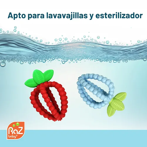 Miniatura 8 de RaZbaby Bites - Juguete de silicona para dentición para bebés, juguete sensorial con textura de moras para aliviar la dentición, forma de fruta Rosa
