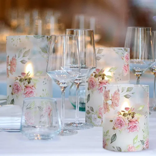 Miniatura 2 de Velas sin llama con tema de amor en forma de rosa, operadas por batería, de vidrio, parpadean, LED, con control remoto, con calcomanía de flores