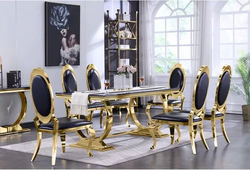Miniatura 14 de ACEDÉCOR Juego de mesa de comedor moderno de 5 piezas con 4 sillas de comedor de cuero negro, mesa de comedor con base en U de metal de acero Oro