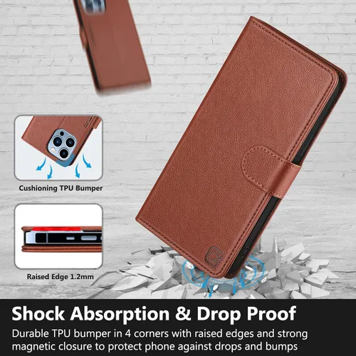 Miniatura 5 de Funda tipo cartera para iPhone 13 Pro Max de 6.7 pulgadas, con bloqueo RFID, tarjeteros, función atril, cierre magnético, de piel sintética, Coñac