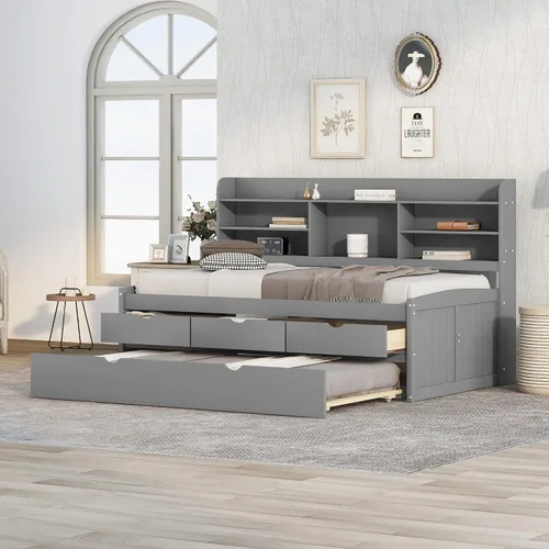 Miniatura 4 de Sofá cama versátil con 3 cajones de almacenamiento y nido, cama capitán de madera de tamaño individual con estantes integrados para sala de estar