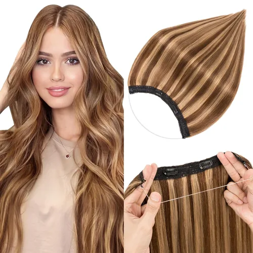 Miniatura 14 de Extensiones de cabello en aureola de cabello humano real, Extensión de cabello Halo 100% cabello humano, Extensiones de cabello con alambre, Lacio