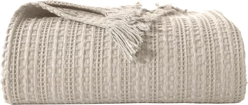 Manta de punto gofre 100% algodón con flecos, manta de punto gofre prelavada para todas las estaciones, ligera, transpirable, suave y acogedora para