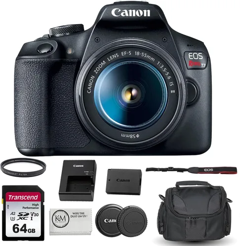 Cámara DSLR Canon EOS Rebel T7 con lente de 18-55 mm incluida con tarjeta de memoria de 64 GB + bolsa para cámara + filtro UV de 58 mm + paño de