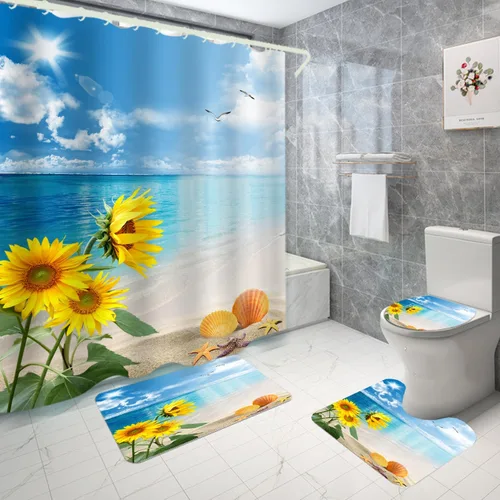 LYFANS Juego de baño con alfombra antideslizante para inodoro, juego de cortina de ducha impermeable para bañera familiar, juego de 4 piezas de