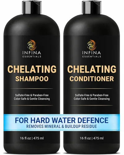 INFINA ESSENTIALS Champú y acondicionador clarificante quelante para eliminación de agua dura y cloro | 16 onzas líquidas | Champú desintoxicante de