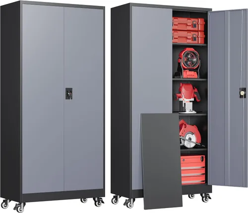 Miniatura 24 de Armario de garaje de metal de 36 pulgadas de alto, gabinetes de almacenamiento de 2 puertas, caninete de herramientas de acero utilitario, caninetes