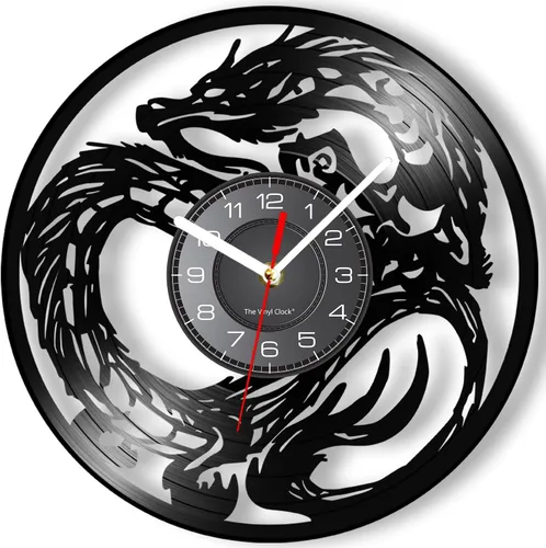 Miniatura 10 de Reloj de pared con diseño de dragón de 12 pulgadas, 7 cambios de color, decoración medieval de fantasía, disco de vinilo, reloj de pared de dragones