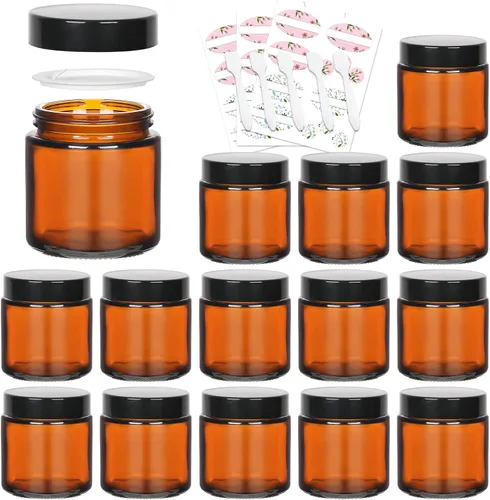 Miniatura 10 de Tarros de vidrio ámbar de 1 oz, paquete de 24 recipientes vacíos para cosméticos con tapas de rosca negras, tarros redondos recargables para loción