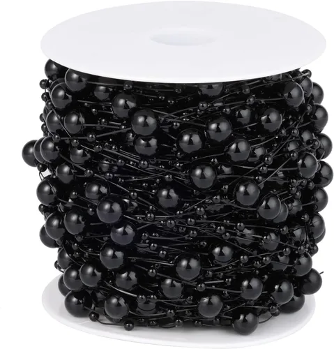 Cadikez Cadena de 98 pies de cuentas de perlas, rollo de cuentas de perlas de imitación negras de 8 mm y 3 mm a granel para decoración de flores de