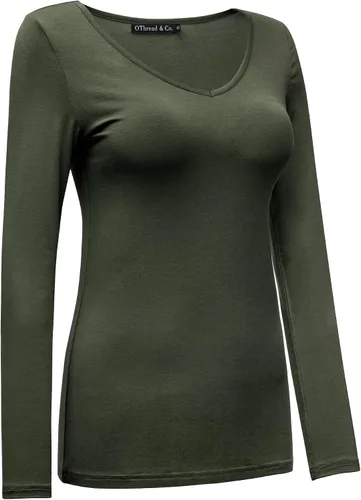 Miniatura 3 de OThread & Co. Camiseta de manga larga con cuello en V, para mujer, con capa básica, de licra