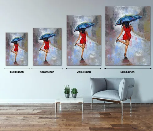 Miniatura 5 de Lienzo abstracto moderno para pared, póster de niña en vestido rojo caminando con paraguas azul, obra de arte para la decoración de pared