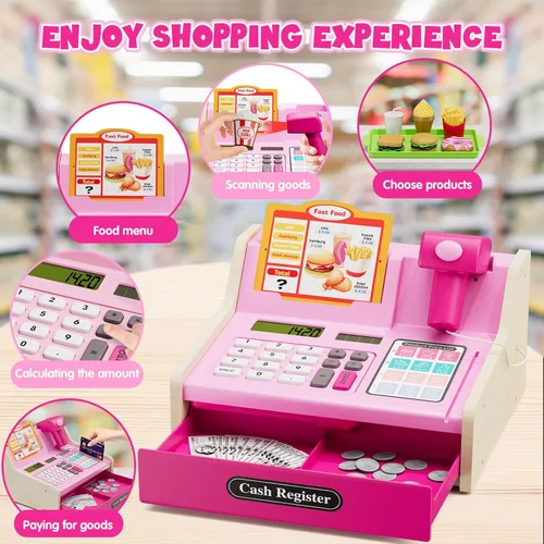 Miniatura 2 de Wee Wonders Caja registradora de madera para niños con calculadora real, juguete recargable de caja registradora con escáner/dinero