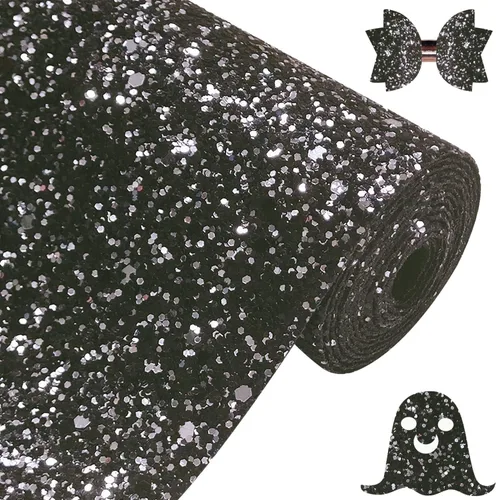 Rollo de tela negra brillante con purpurina gruesa plateada, 12 x 52 pulgadas, color mixto brillante, invierno, Halloween, piel sintética para