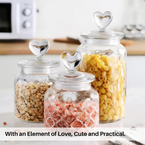Miniatura 6 de Recipiente de vidrio transparente de 22 onzas con bonitas tapas en forma de corazón, tarros de vidrio para almacenamiento de alimentos con tapas