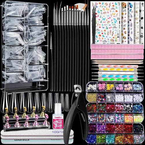 Teenitor - Kit de uñas postizas - Puntas de uñas transparentes tipo ataúd, brochas de arte, bolígrafo de punteado, purpurina, pegatinas y strass