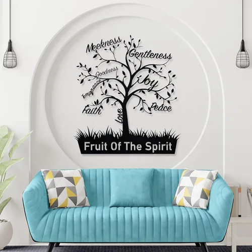 Miniatura 2 de Cadeali Arte de pared de metal con árbol de fruta del espíritu, decoración de pared de metal con versículo bíblico, letrero de Gálatas 5:22-23, obra