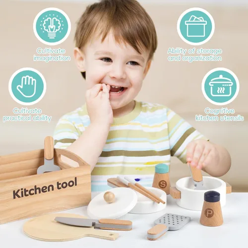 Miniatura 3 de 10 piezas de juguetes de cocina de madera, utensilios y accesorios, juego de ollas y sartenes de simulación, juguete de cocina Montessori para niños