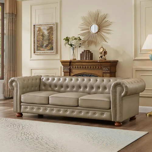 Miniatura 11 de Chesterfield - Sofá de cuero, sofá moderno de mediados de siglo de 89 pulgadas con respaldo bajo, brazo enrollable, ribete de cabeza de clavo, sofá