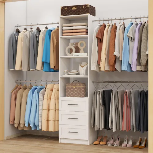 Miniatura 7 de Sistema de armario con 6 cajones, sistema organizador de armario modular de madera con 8 estantes, 8 varillas expandibles para colgar, montaje