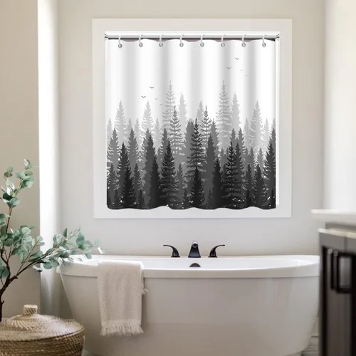 Miniatura 10 de Cortina de Ducha y Ventana, Cortina Verde y Gris de Bosque Pequeña y Corta Impermeable para Baño con Ganchos, 30x36 Pulgadas