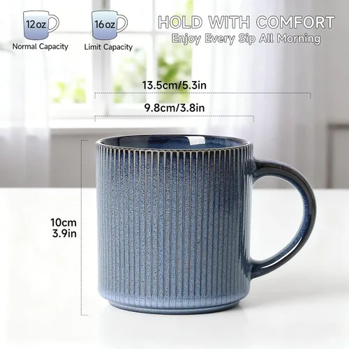 Miniatura 2 de MONITO Juego de 6 Tazas de Café de 16 Oz, Juego de Tazas de Café de Cerámica Rústica con Mango Grande, Vintage, Tazas de Café de Gres Rayadas