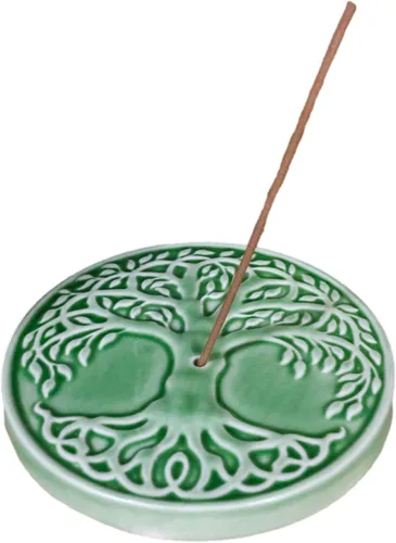 Ebros Gift Wicca Símbolos Sagrados Árbol de la Vida Celta Yggdrasil Medallón Redondo de Cerámica Soporte de Varilla de Incienso, Quemador de Plato