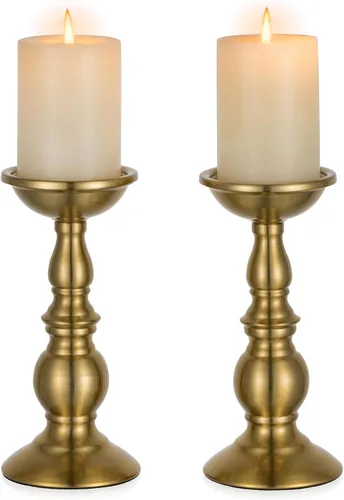 Miniatura 9 de Nuptio Portavelas negro para velas de pilar - Juego de 2 portavelas rústicos Soporte de velas de metal alto Portavelas de pilar retro de otoño