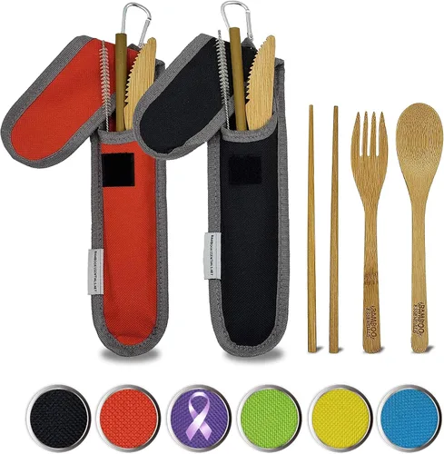 Utensilios de viaje con estuche, tenedor, cuchillo, cuchara, palillos, pajilla, cepillo de limpieza para pajilla, bolsa de viaje y mosquetón, Negro