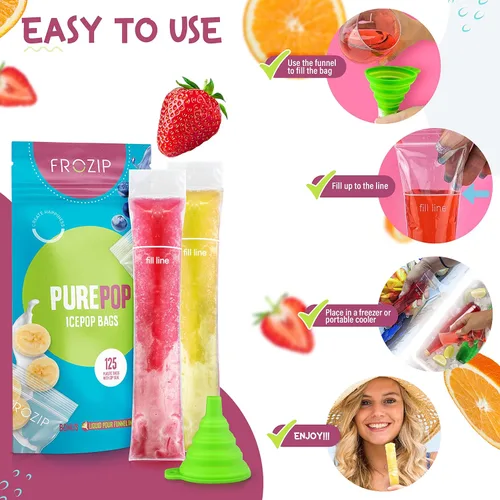 Miniatura 6 de Frozip 125 bolsas con modelos para palitos helados descartables, 8 x 2 pulg. Tubos de freezer sin BPA, sellos con cierre Para aperitivos