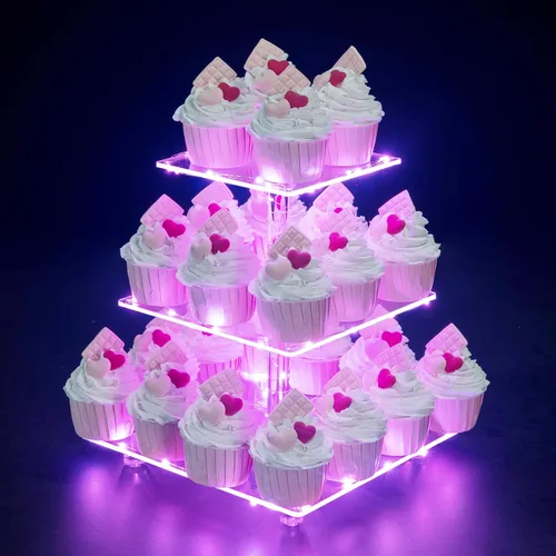 Miniatura 7 de Soporte para Cupcakes, Soporte Redondo para Cupcakes de 4 Niveles con Tira de Luces LED, Torre de Exhibición de Cupcakes de Acrílico para Bodas, Azul