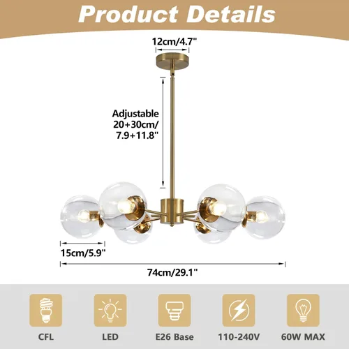 Miniatura 2 de KCO Lighting Modern - Lámpara de araña Sputnik de 6 luces con globo de vidrio transparente, lámpara colgante de techo ajustable de mediados de 6
