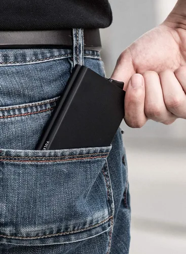 Miniatura 14 de VULKIT Cartera desplegable, soporte minimalista para tarjetas de crédito, bloqueo RFID, funda de metal delgada para hombres