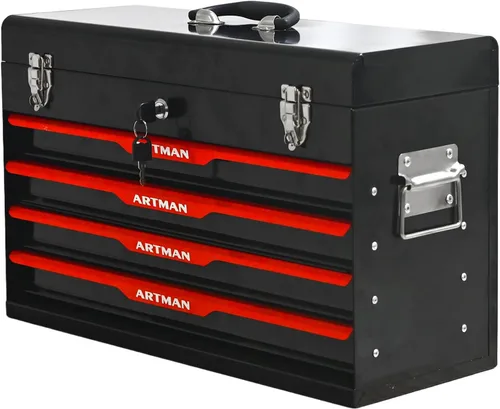 Miniatura 15 de Caja de herramientas de metal de 4 cajones, caja de herramientas portátil de acero con cierre de pestillo de metal y bloqueo de llave, bandeja