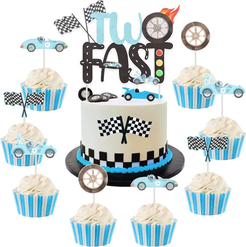 25 piezas vintage de dos decoraciones rápidas para tartas para niños, decoración de pastel de auto de carreras azul de segundo cumpleaños con