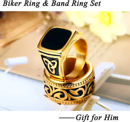 Miniatura 2 de FINREZIO Juego de 2 anillos chapados en oro de 18 quilates para hombre, de acero inoxidable, vintage, con sello y anillo de banda, tamaño 7-13, Metal