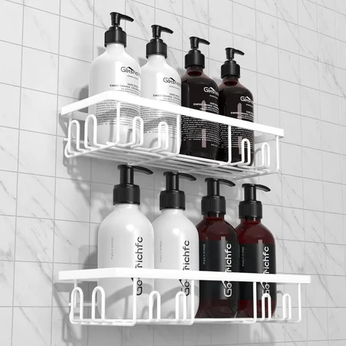 Miniatura 11 de Getsrichfc Organizador adhesivo para ducha, estantes de ducha con 16 ganchos, estante a prueba de óxido de esquina de pared para baño interior, sin
