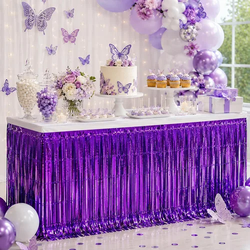 Miniatura 19 de Faldas de mesa de oropel de papel metálico con flecos para mesas rectangulares, cortinas de serpentina, telón de fondo para cumpleaños, boda