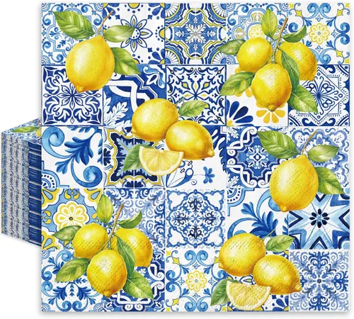 JarThenaAMCS 80 servilletas de papel con azulejos y limones, servilletas desechables azules y amarillas, servilletas decorativas de cítricos,