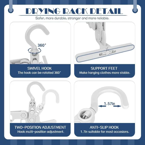 Miniatura 3 de Percha de ropa plegable gris de 2 piezas, percha de viaje portátil con 5 agujeros para balcón, baño, lavandería y viajes de campamento al aire libre