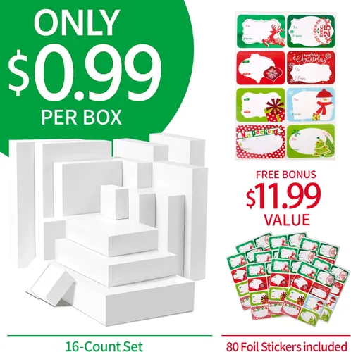 Miniatura 2 de 16 cajas de regalo blancas a granel con tapas para envolver ropa extra grande y 80 etiquetas adhesivas de Navidad